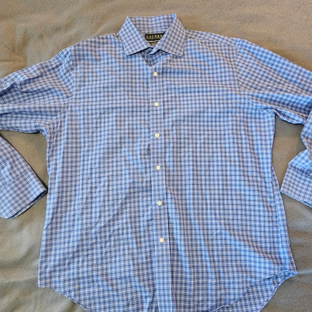 Lauren Ralph Lauren Mens Classic Fit Non‎ Iron Blue Plaid button up 16 1/2 34 35